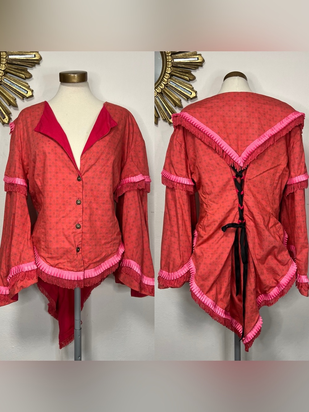 Von Lancelot Red and Pink Fringed V-Neck Peasant Top